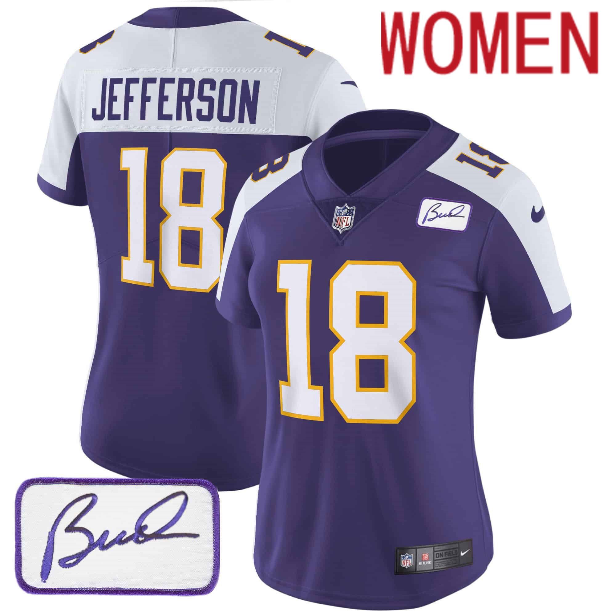 Women Minnesota Vikings #18 Jefferson Purple 2024 Nike Bud Grant Patch Classic Limited NFL Jersey